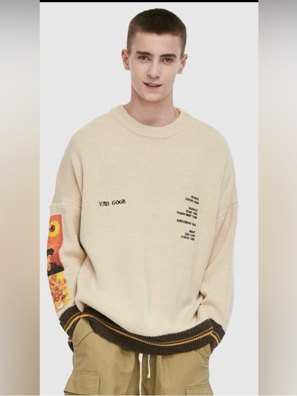 Aelfric Eden Cream Graphic Crewneck Sweater with Sunflower Sleeve